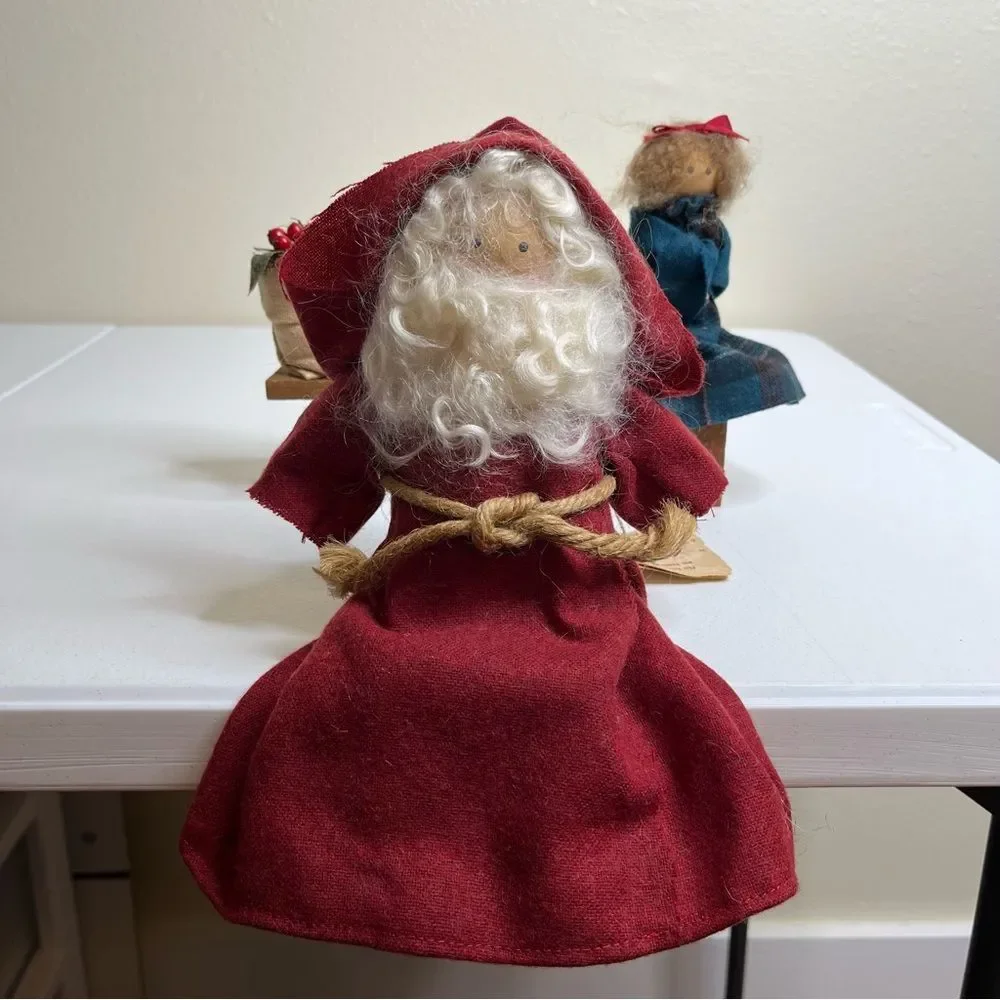 Vintage Lizzie High Wooden Folk Dolls Removable Santa Child Bench Handcrafted